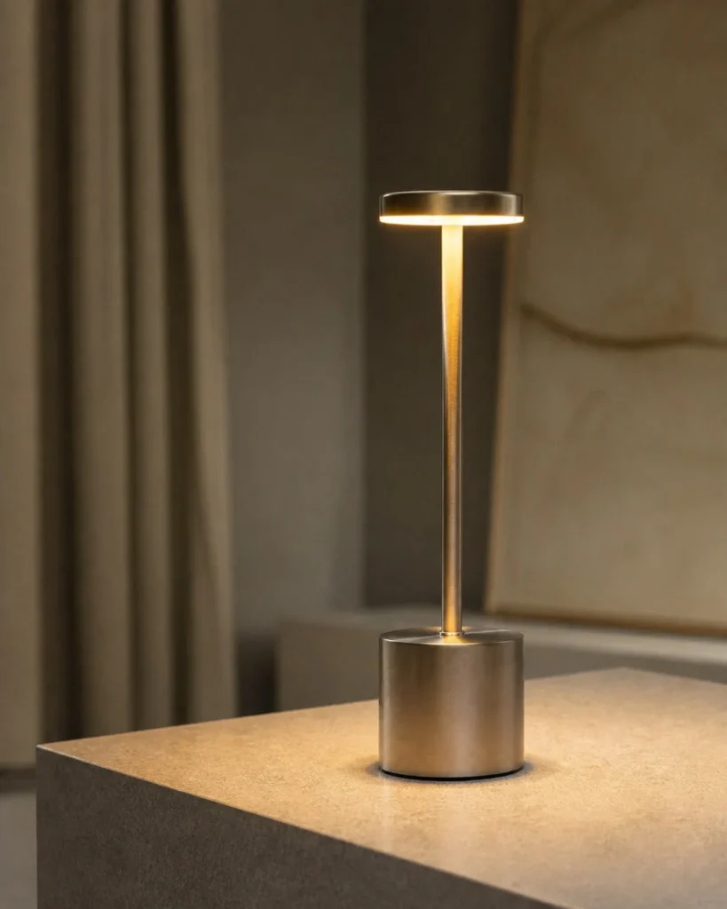 Akku-Tischlampe NOVA, minimalistische Metallleuchte mit USB – in einer Raumszene