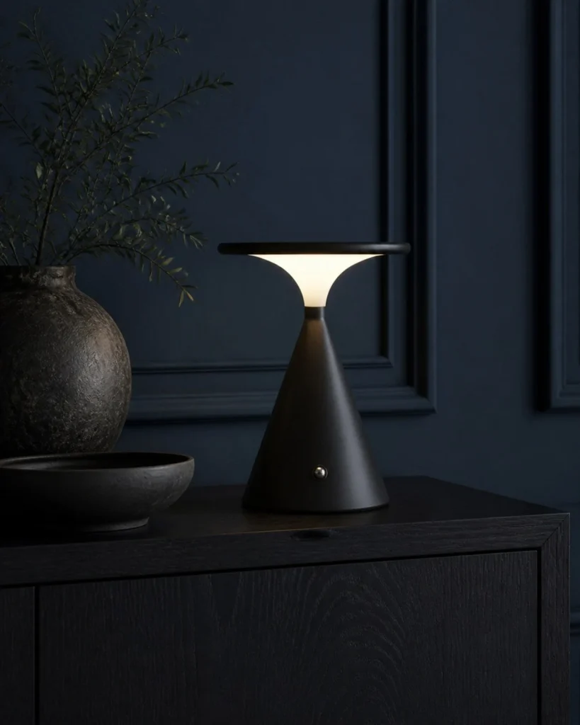 Akku-Tischlampe VEGA, skulpturales Aluminium mit Touch-Steuerung – Schwarz, in einer Raumszene