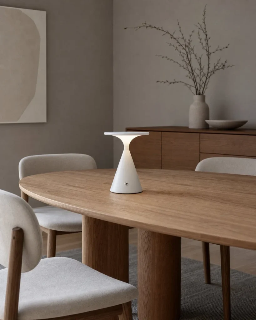 Akku-Tischlampe VEGA, skulpturales Aluminium mit Touch-Steuerung – Weiss, Ansicht der Proportionen