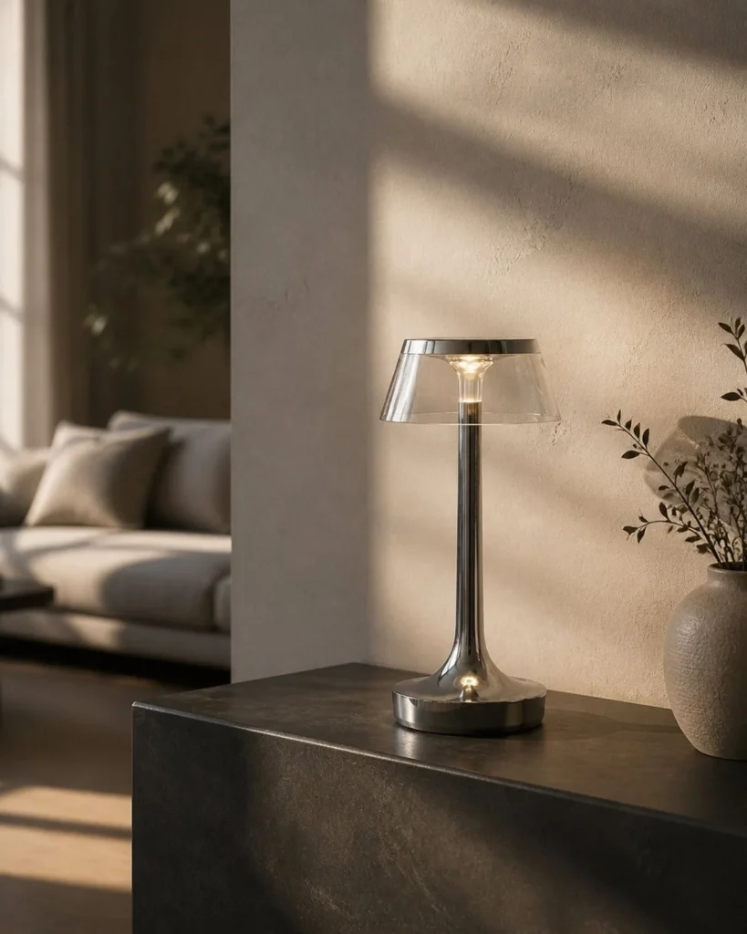 Akku-Tischlampe ORIN, metallische Kuppel mit USB – Chrom, auf einer Konsole