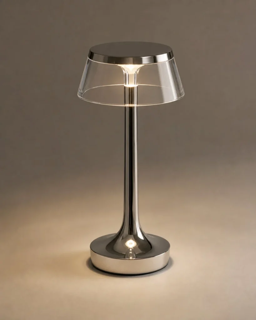 Akku-Tischlampe ORIN, metallische Kuppel mit USB – Chrom, Detailansicht