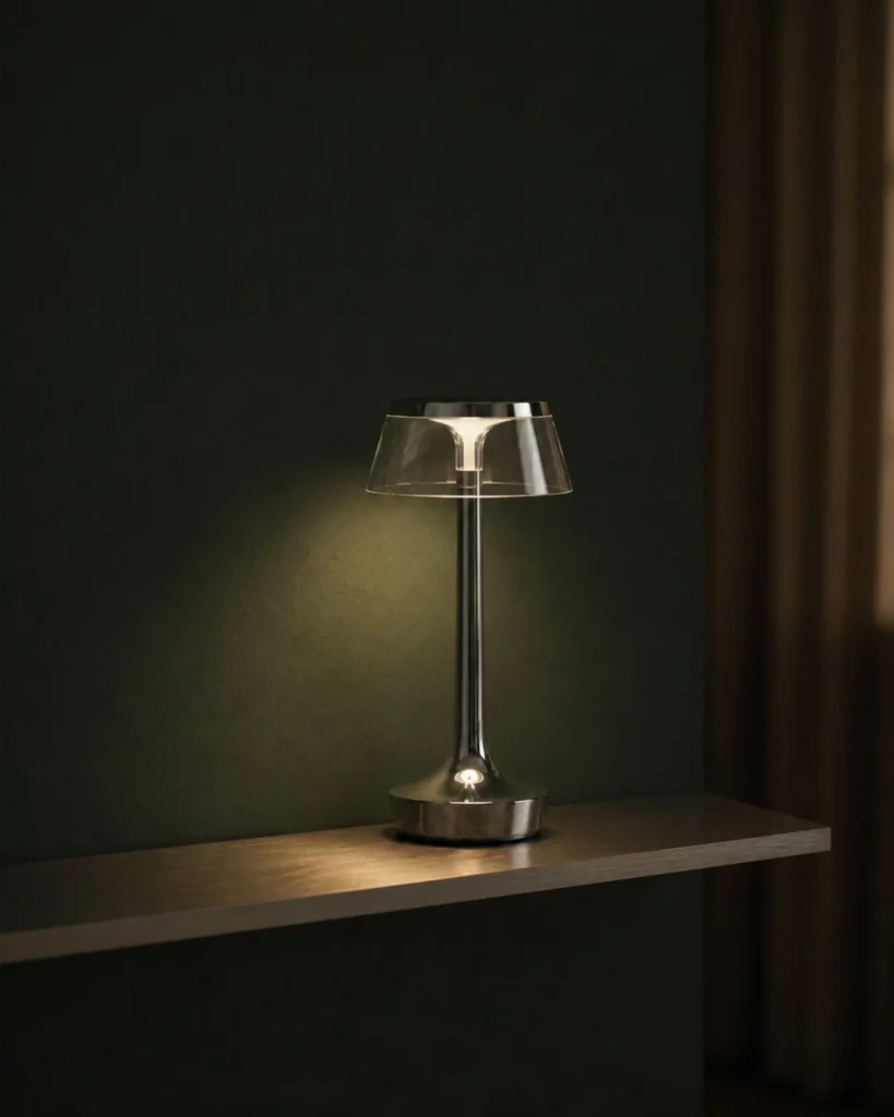 Akku-Tischlampe ORIN, metallische Kuppel mit USB – Chrom, Produktansicht