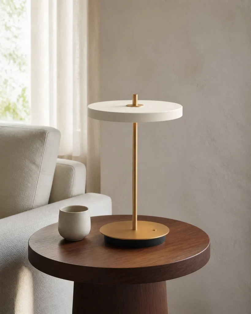 Akku-Tischlampe SKEN, flacher Schirm mit Touch-Dimmer – Weiss, Ansicht der Proportionen