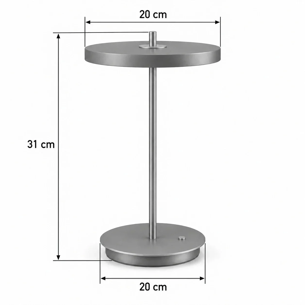 Masszeichnung – Gesamthöhe: 31 cm, Schirmdurchmesser: 20 cm, Sockeldurchmesser: 20 cm
