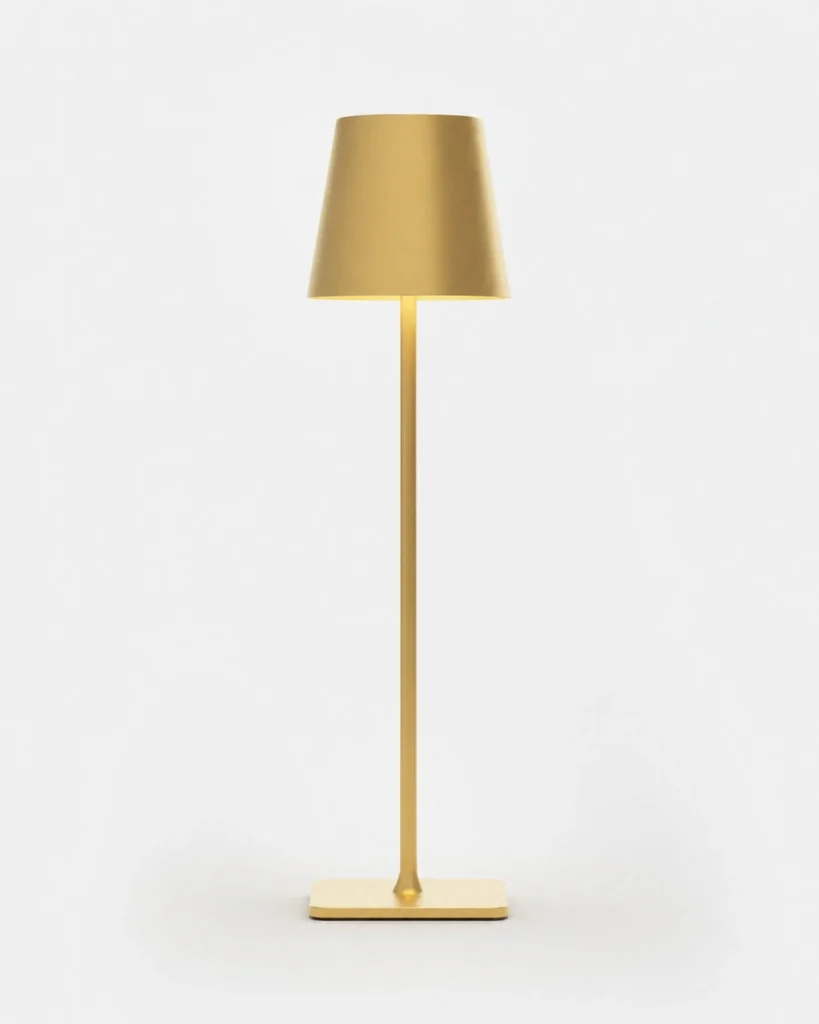 Akku-Tischlampe FREY, tragbare Leuchte mit Kegelschirm – Gold, Produktfoto
