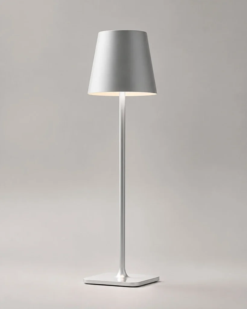 Akku-Tischlampe FREY, tragbare Leuchte mit Kegelschirm – Silber, Detailansicht