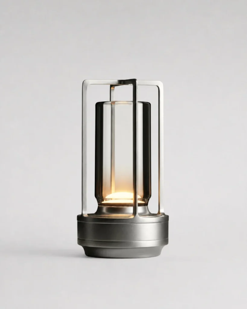 Akku-Tischlampe RUNA, Laternenform aus Aluminium – Silber, Produktfoto