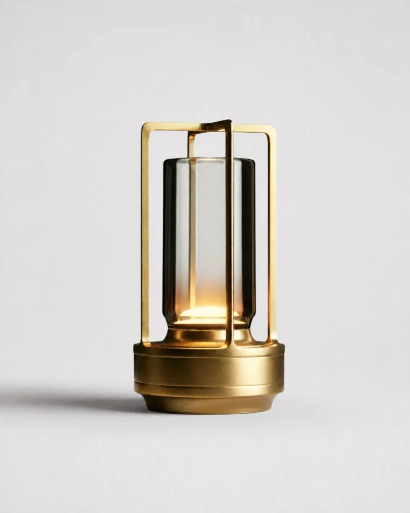 Akku-Tischlampe RUNA, Laternenform aus Aluminium – Gold, Produktfoto