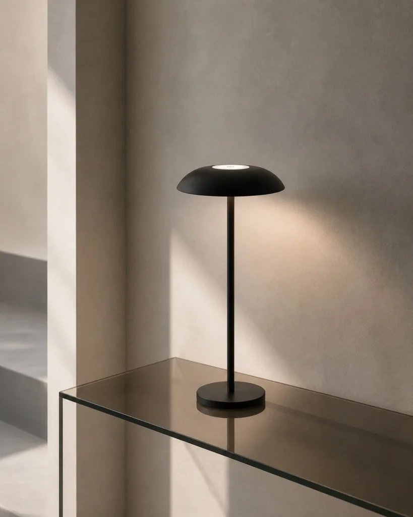 Akku-Tischlampe OSLO, Metallkuppel mit Touch-Dimmung – Schwarz, in einer Raumszene