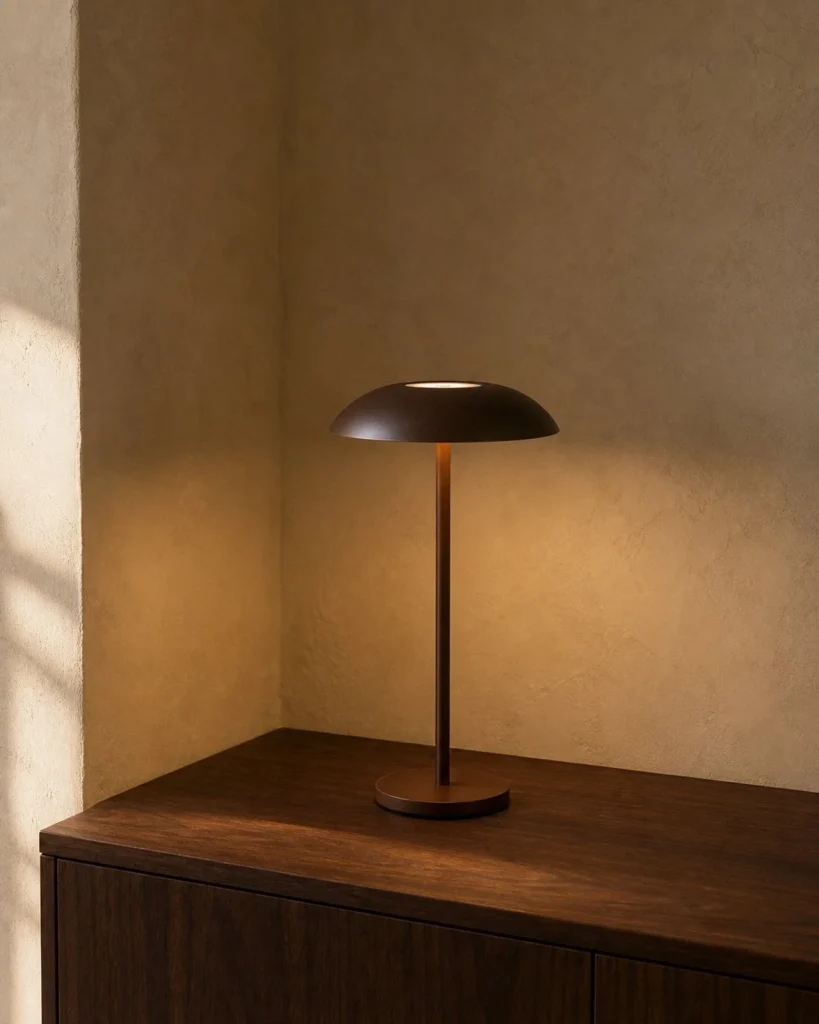 Akku-Tischlampe OSLO, Metallkuppel mit Touch-Dimmung – Braun, in einer Raumszene