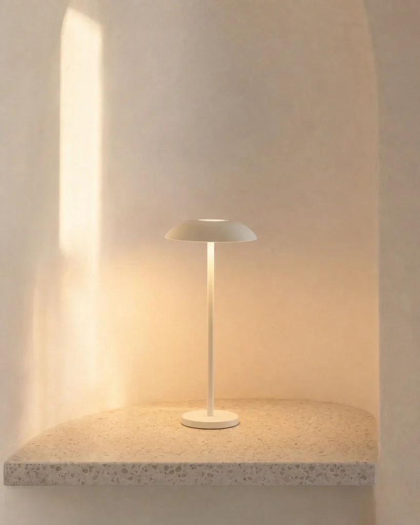 Akku-Tischlampe OSLO, Metallkuppel mit Touch-Dimmung – Weiss, in einer Raumszene