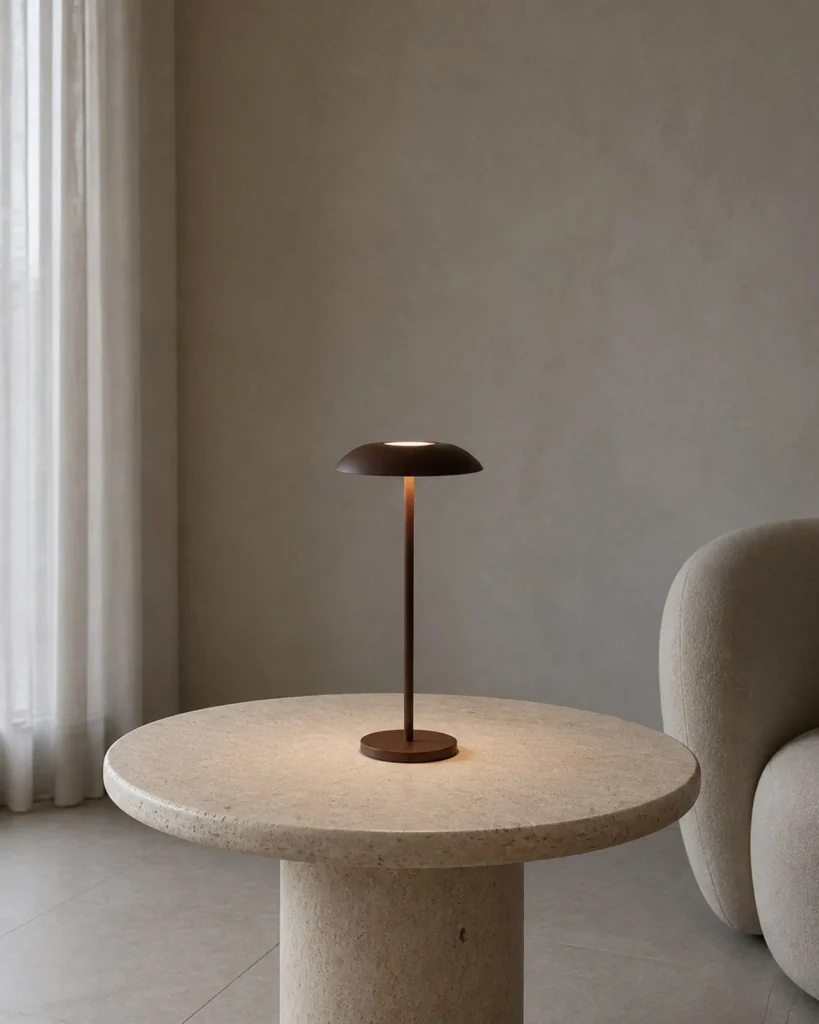 Akku-Tischlampe OSLO, Metallkuppel mit Touch-Dimmung – Braun, Ansicht der Proportionen