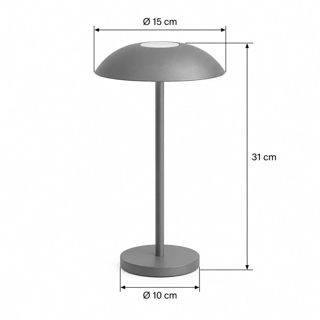 Masszeichnung – Gesamthöhe: 31 cm, Schirmdurchmesser: 15 cm, Sockeldurchmesser: 10 cm