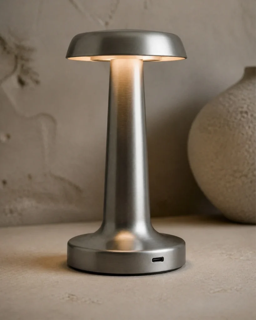 Akku-Tischlampe ELDA, gebürstetes Metall mit drei Lichtfarben – Produktansicht