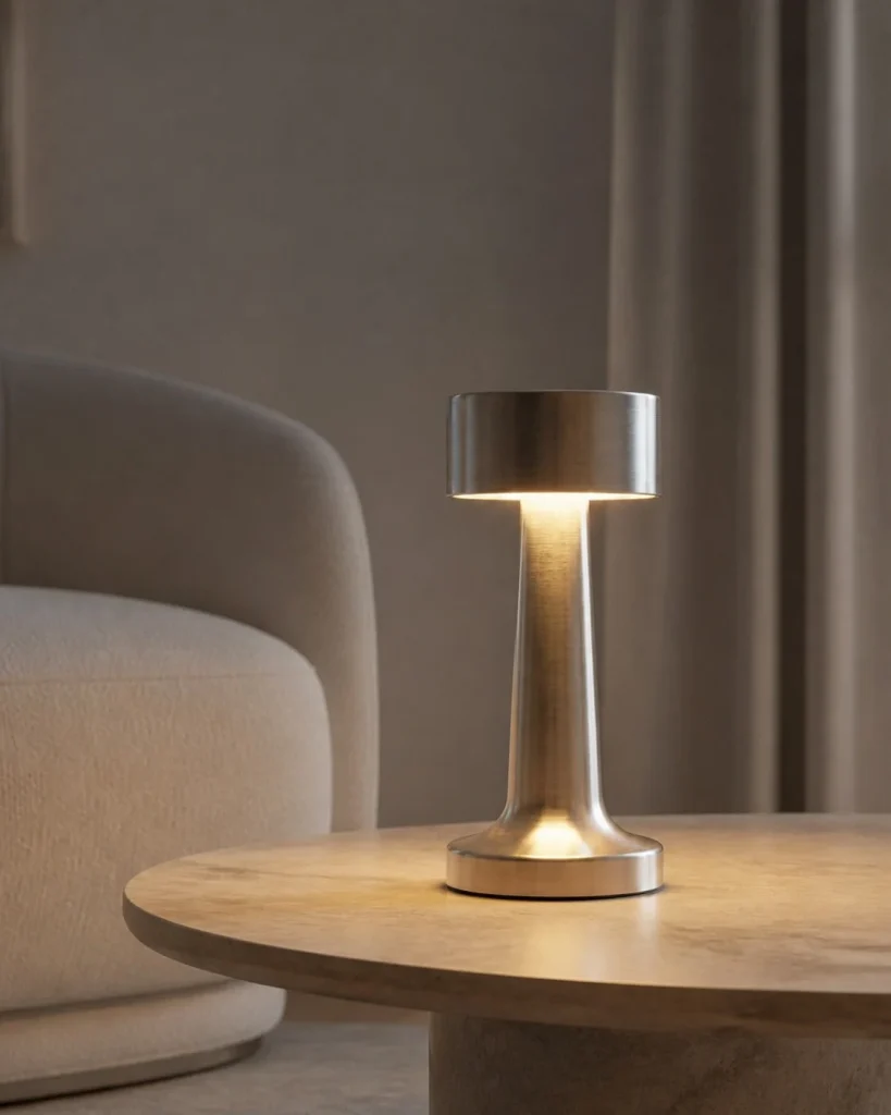 Akku-Tischlampe ELDA, gebürstetes Metall mit drei Lichtfarben – auf einem Couchtisch