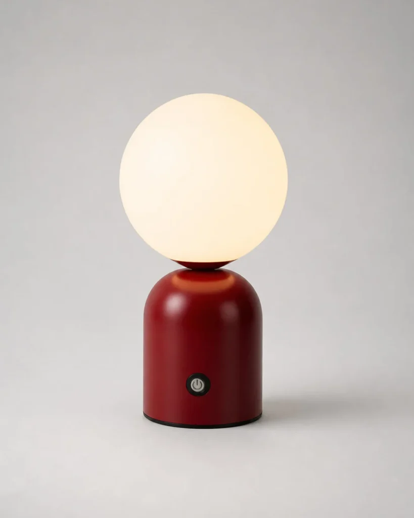 Akku-Tischlampe LUMI, Metallkugel mit drei Lichtfarben – Rot, Produktfoto