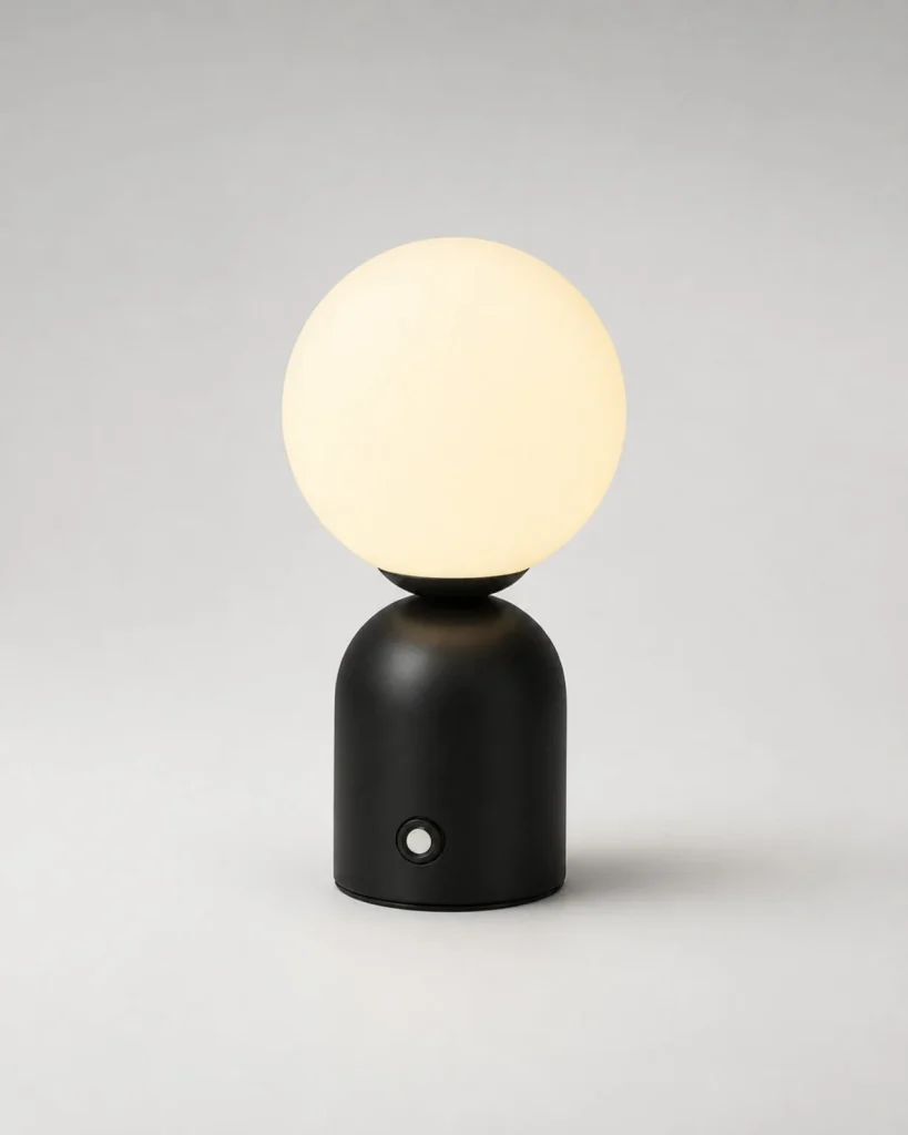 Akku-Tischlampe LUMI, Metallkugel mit drei Lichtfarben – Schwarz, Produktfoto