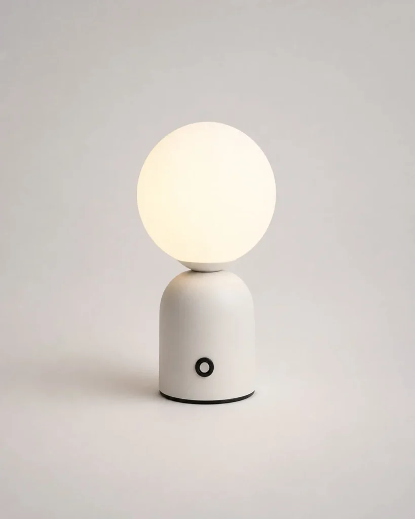 Akku-Tischlampe LUMI, Metallkugel mit drei Lichtfarben – Weiss, Produktfoto