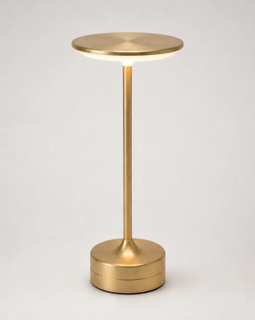 Akku-Tischlampe LORA, Metallscheibe mit 3-Stufen-Touch-Dimmer – Gold, Produktfoto