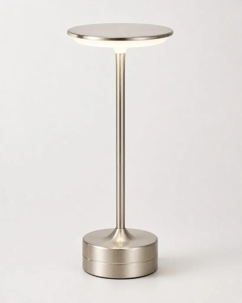 Akku-Tischlampe LORA, Metallscheibe mit 3-Stufen-Touch-Dimmer – Silber, Produktfoto