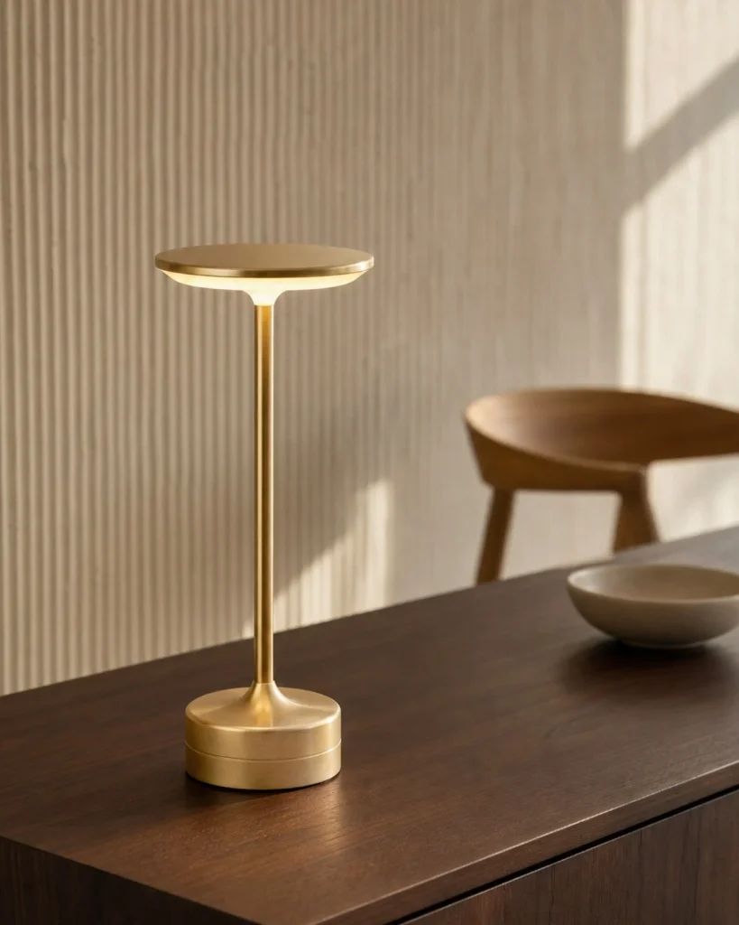 Akku-Tischlampe LORA, Metallscheibe mit 3-Stufen-Touch-Dimmer – Gold, im Essbereich