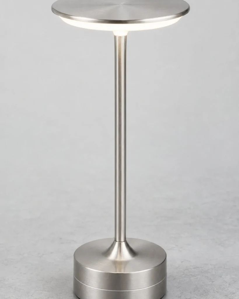 Akku-Tischlampe LORA, Metallscheibe mit 3-Stufen-Touch-Dimmer – Silber, Detailansicht