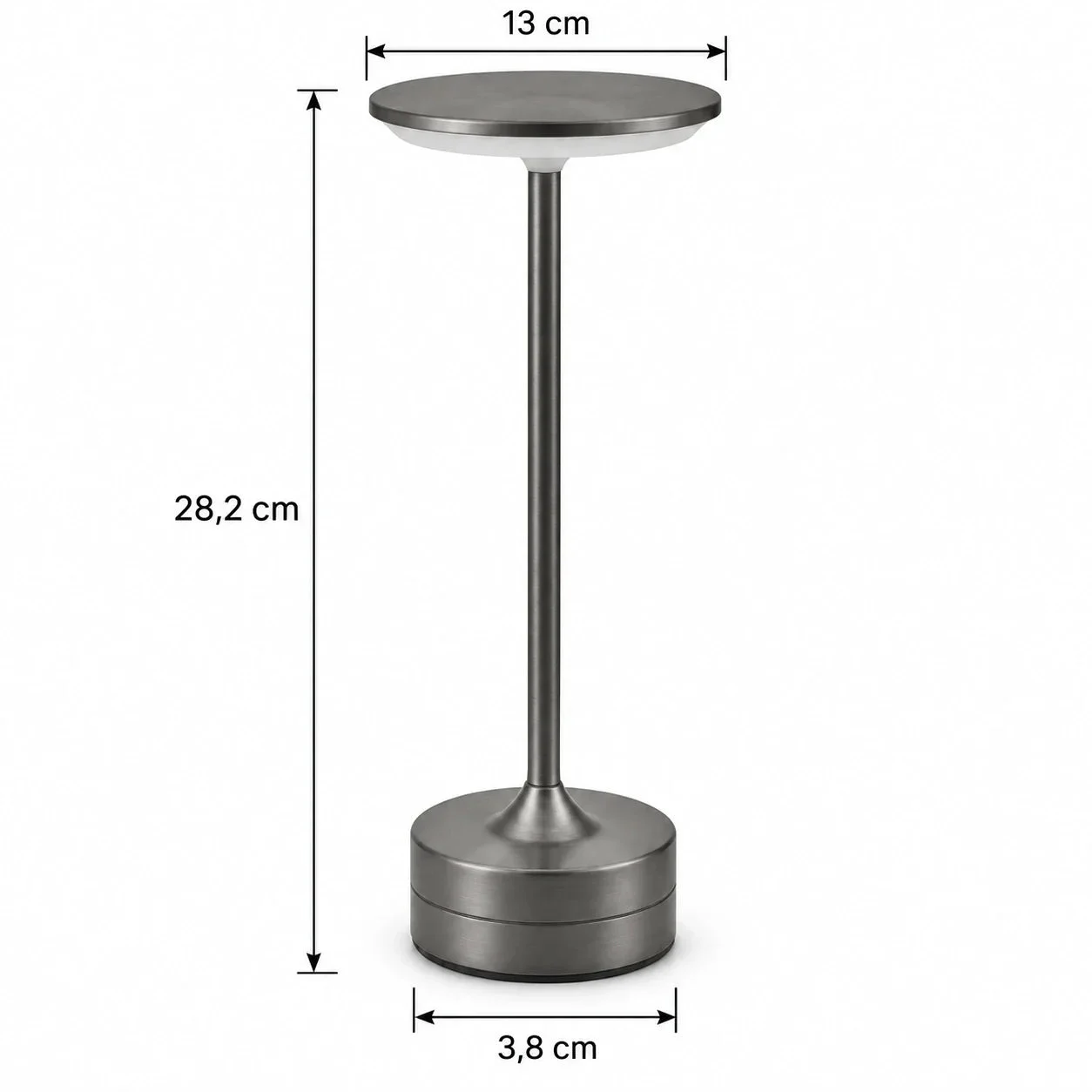 Masszeichnung – Höhe: 28,2 cm, Schirmdurchmesser: 13 cm, Sockeldurchmesser: 3,8 cm