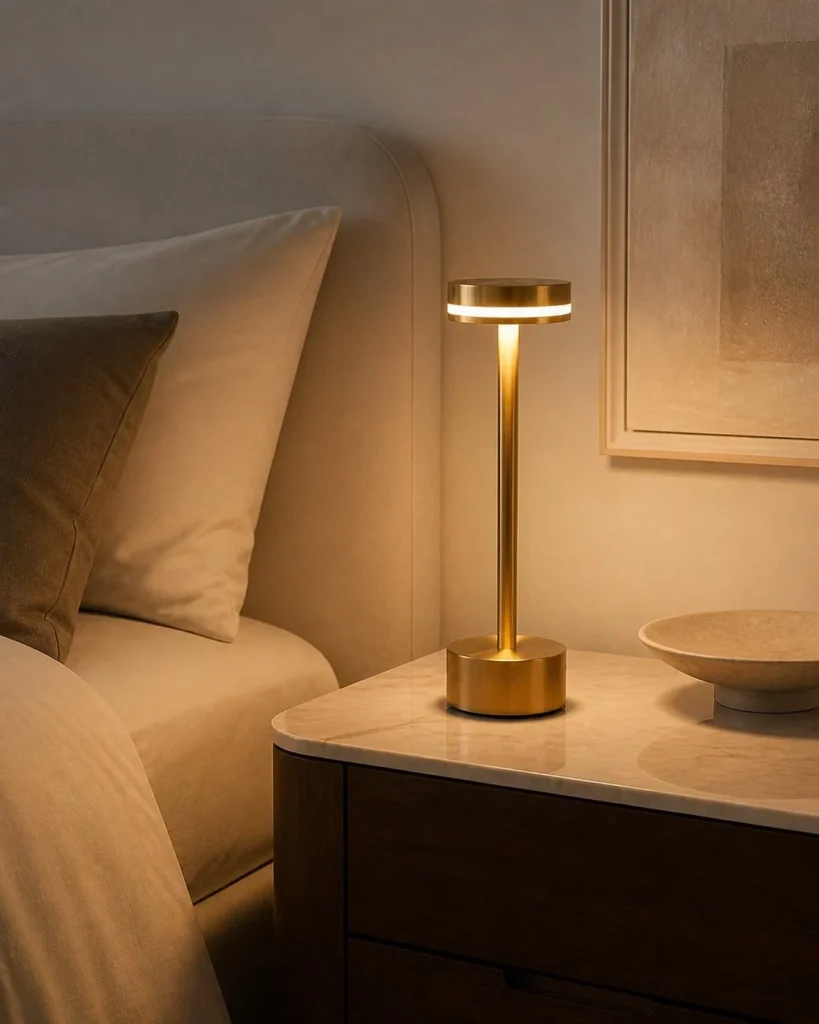 Akku-Tischlampe LYSA, minimalistische USB-Leuchte – auf einem Nachttisch