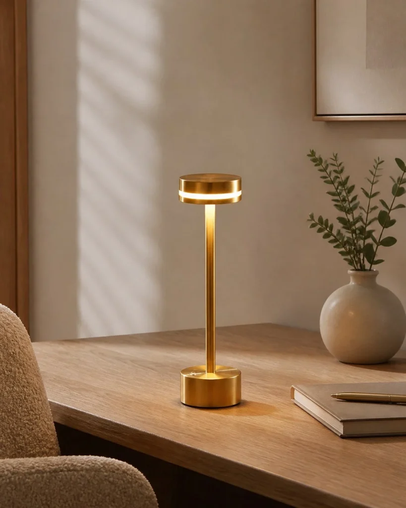 Akku-Tischlampe LYSA, minimalistische USB-Leuchte – an einem Arbeitsplatz