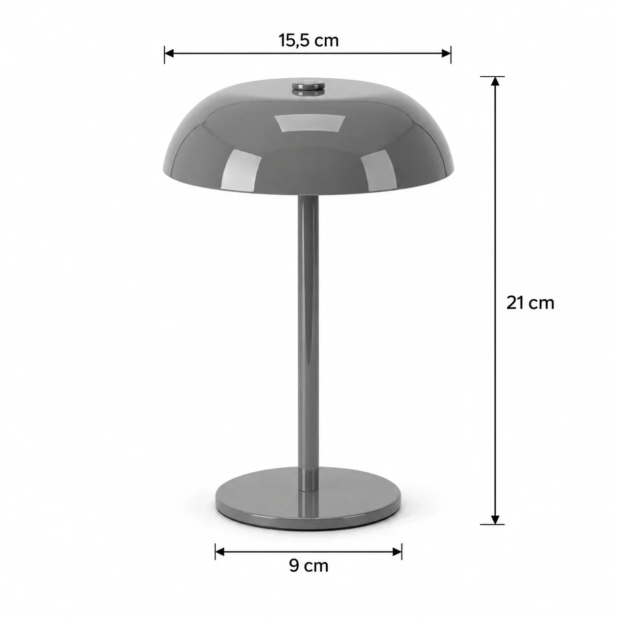 Masszeichnung – Höhe: 21 cm, Schirmdurchmesser: 15,5 cm, Sockeldurchmesser: 9 cm, Gewicht: ~500 g