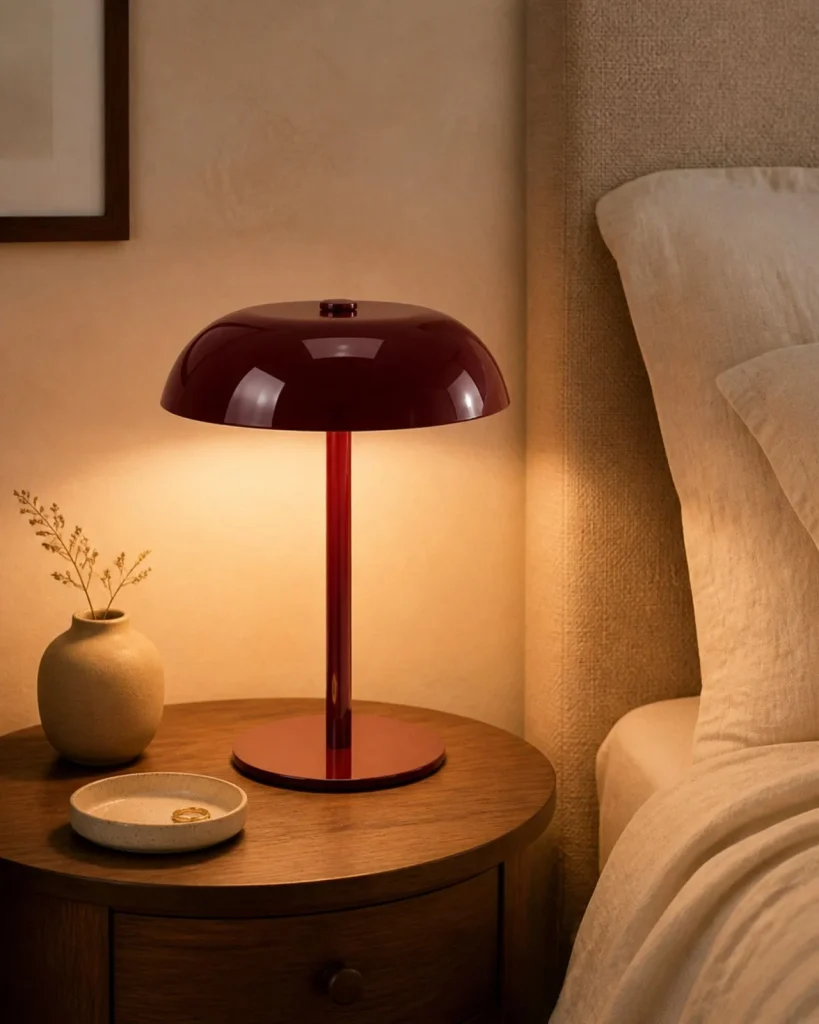Akku-Tischlampe MALMO, metallische Pilzform mit Touch-Dimmer – Bordeaux, in einem Schlafzimmer