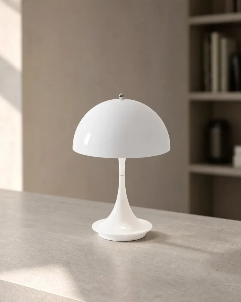 Akku-Tischlampe MIDO, Pilzform mit Touch-Bedienung – Weiss, an einem Arbeitsplatz