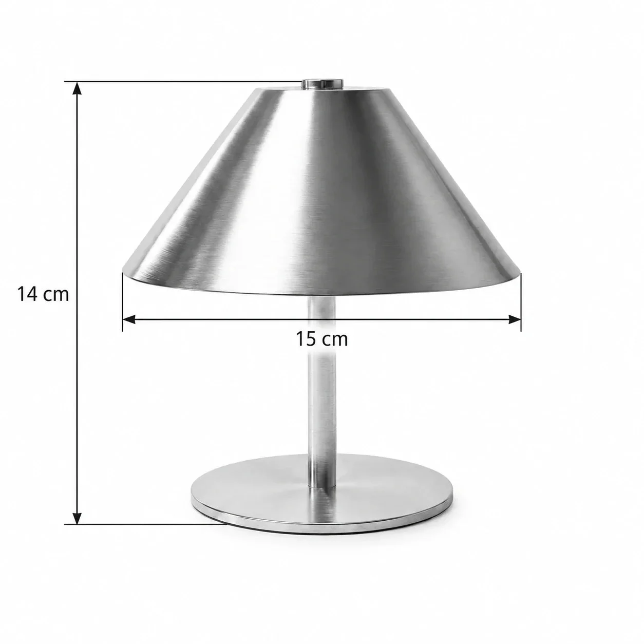 Masszeichnung – Gesamthöhe: 14 cm, Schirmdurchmesser: 15 cm, Nettogewicht: ~463g