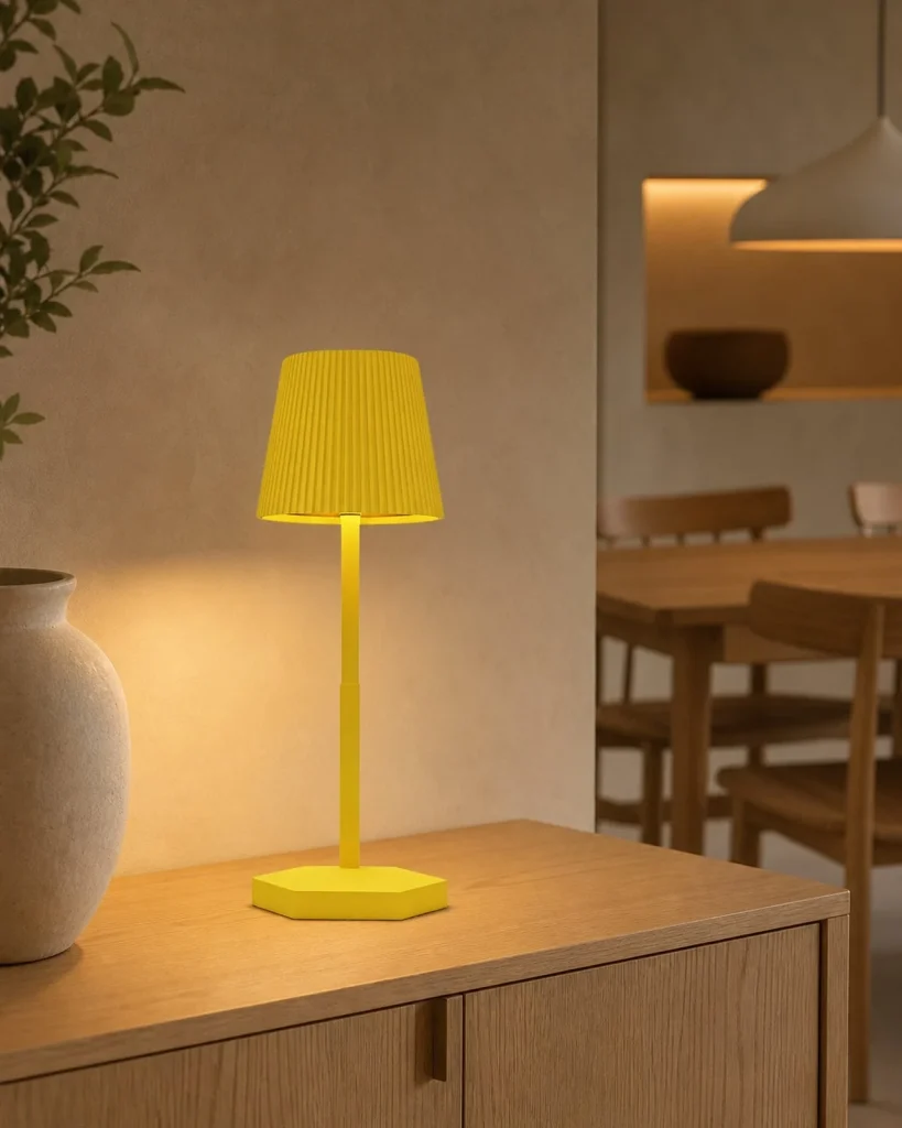 Akku-Tischlampe TOVI, Plisseeschirm mit variablem Weisslicht – Gold, im Essbereich