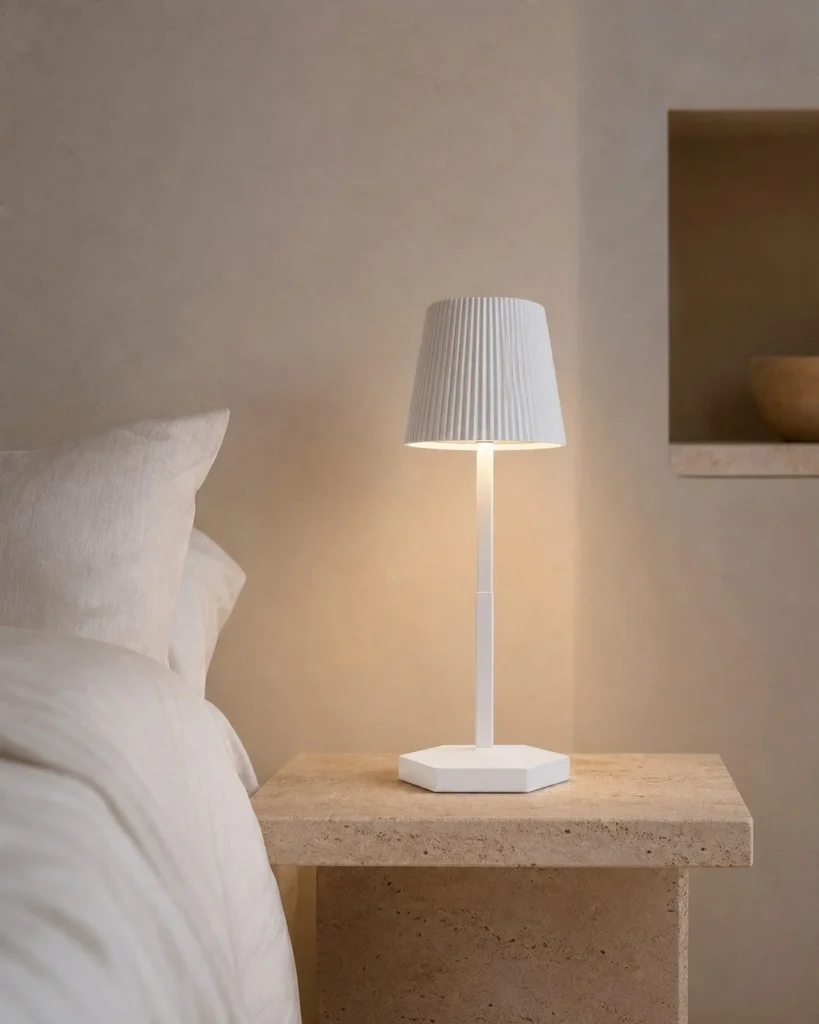 Akku-Tischlampe TOVI, Plisseeschirm mit variablem Weisslicht – Weiss, in einem Schlafzimmer