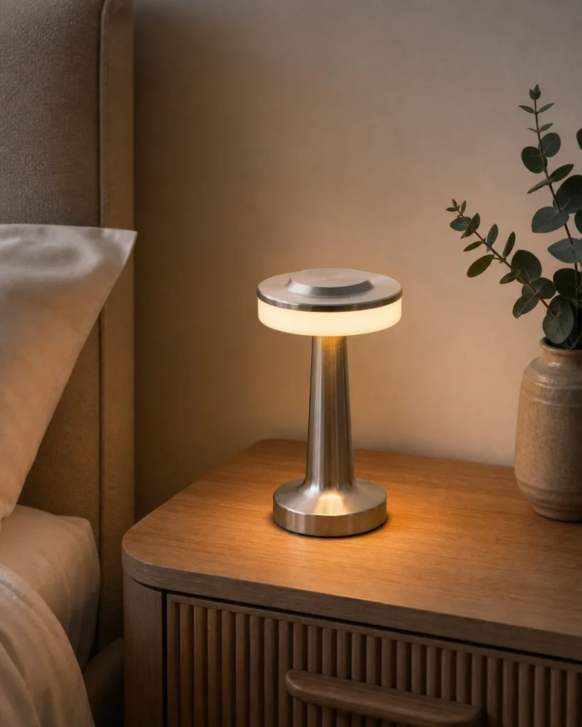 Akku-Tischlampe KARO, Retro-Stil mit Touch-Dimmer – auf einem Nachttisch