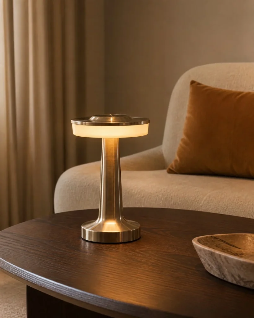 Akku-Tischlampe KARO, Retro-Stil mit Touch-Dimmer – in einem Wohnbereich