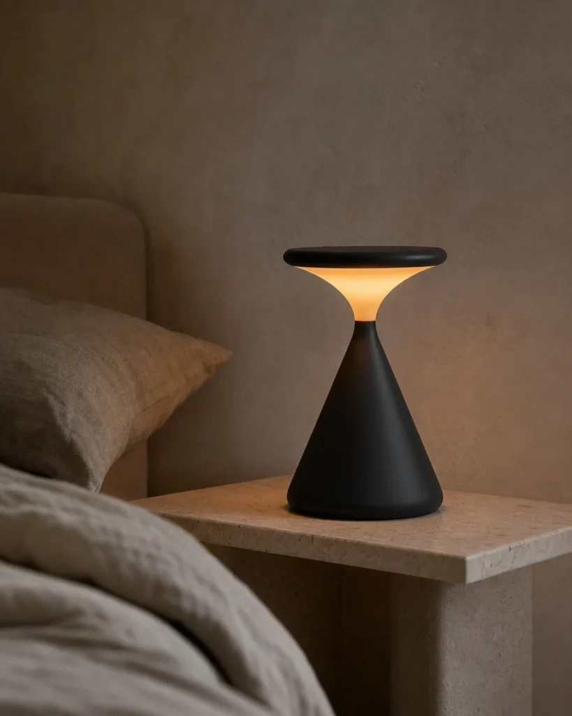 Akku-Tischlampe KONI, matte Sanduhrform mit Touch-Dimmung – Schwarz, in einem Schlafzimmer