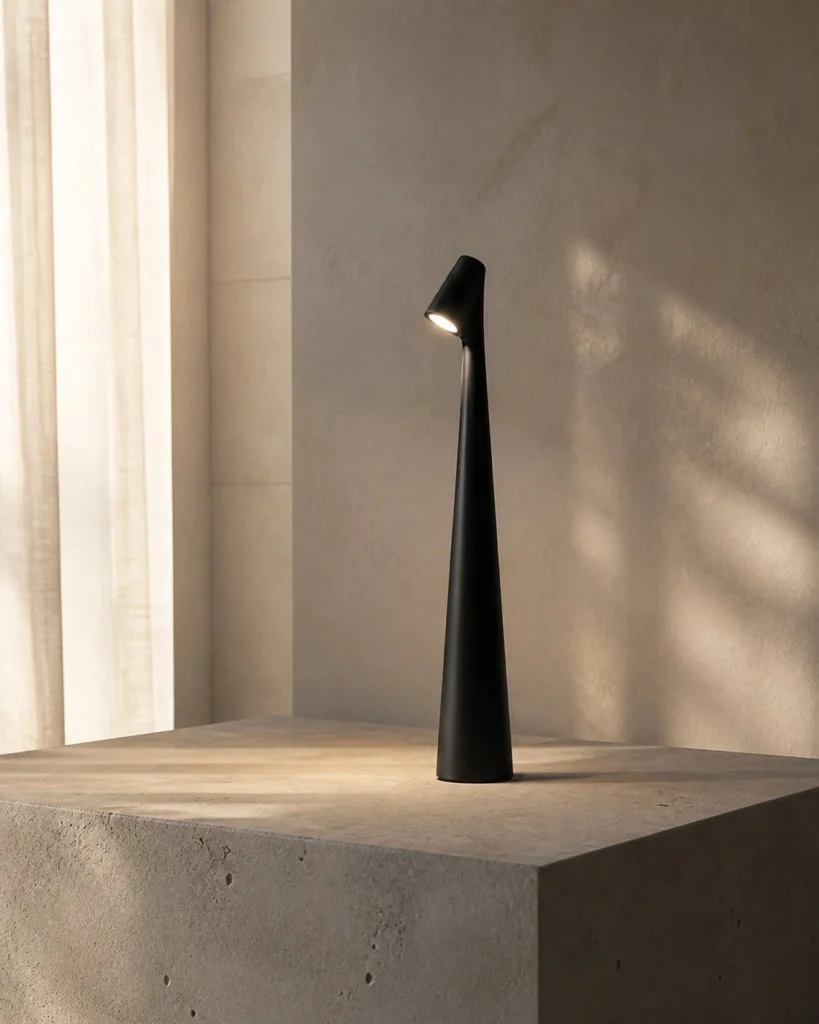 Akku-Tischlampe NORA, schlanke Form mit Touch-Dimmung – in einer Raumszene