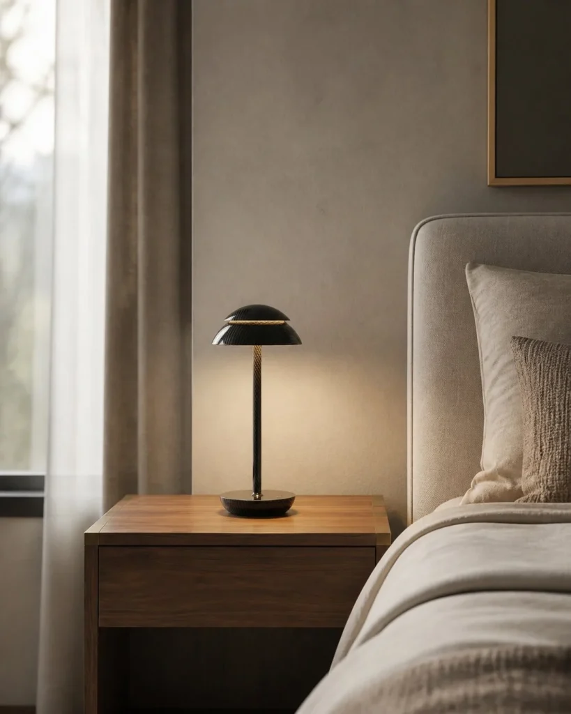 Akku-Tischlampe im skandinavischen Stil DESKA – auf einem Nachttisch