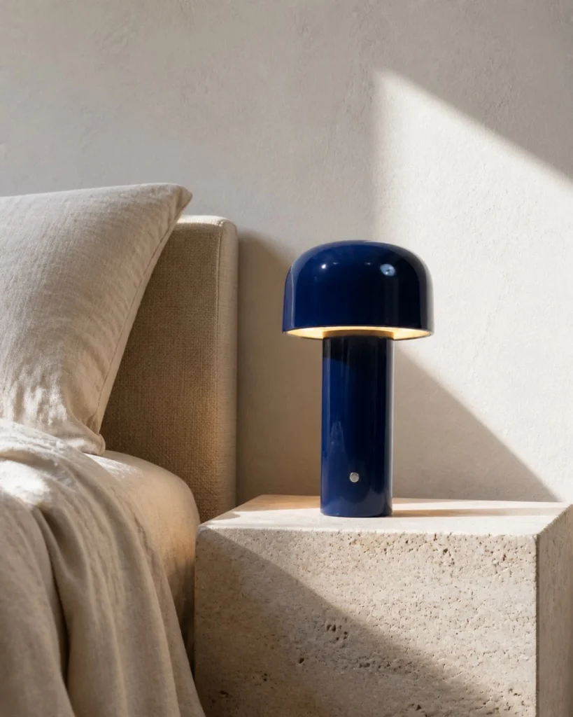 Akku-Tischlampe LAKO, skulpturale Metallform mit USB-C – Blau, auf einem Nachttisch