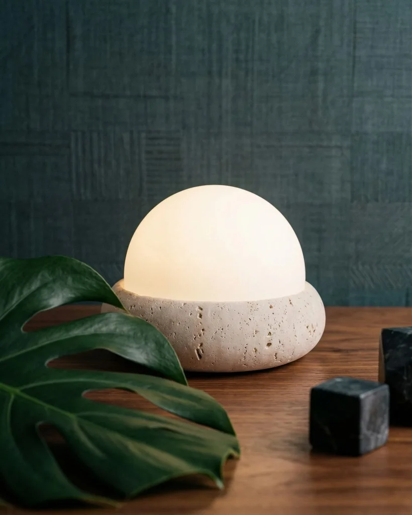 Akku-Tischlampe EON, Travertin und Acrylkuppel – auf einem Nachttisch