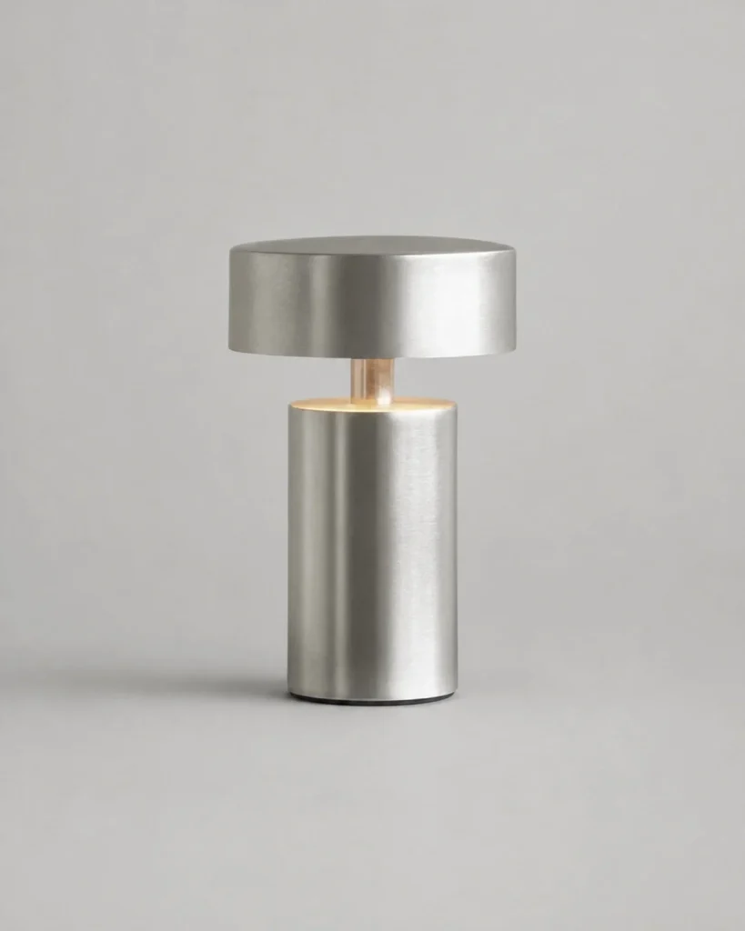 Akku-Tischlampe TOMI, zylindrisches Metallgehäuse mit USB – Silber, Produktfoto
