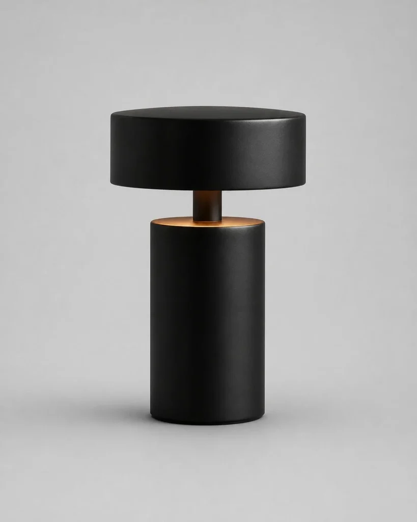 Akku-Tischlampe TOMI, zylindrisches Metallgehäuse mit USB – Schwarz, Produktfoto
