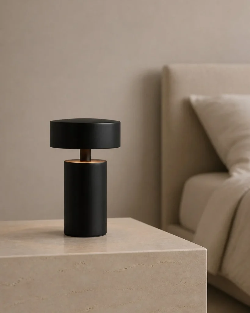 Akku-Tischlampe TOMI, zylindrisches Metallgehäuse mit USB – Schwarz, in einem Schlafzimmer