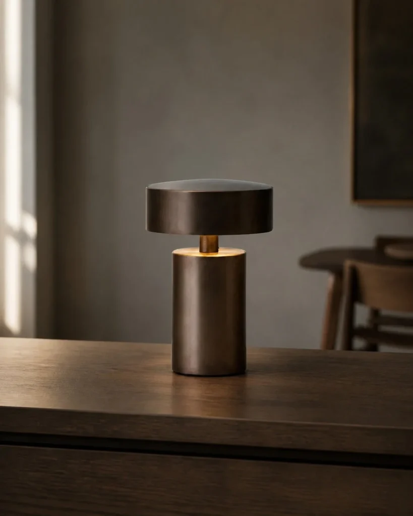 Akku-Tischlampe TOMI, zylindrisches Metallgehäuse mit USB – Braun, im Essbereich
