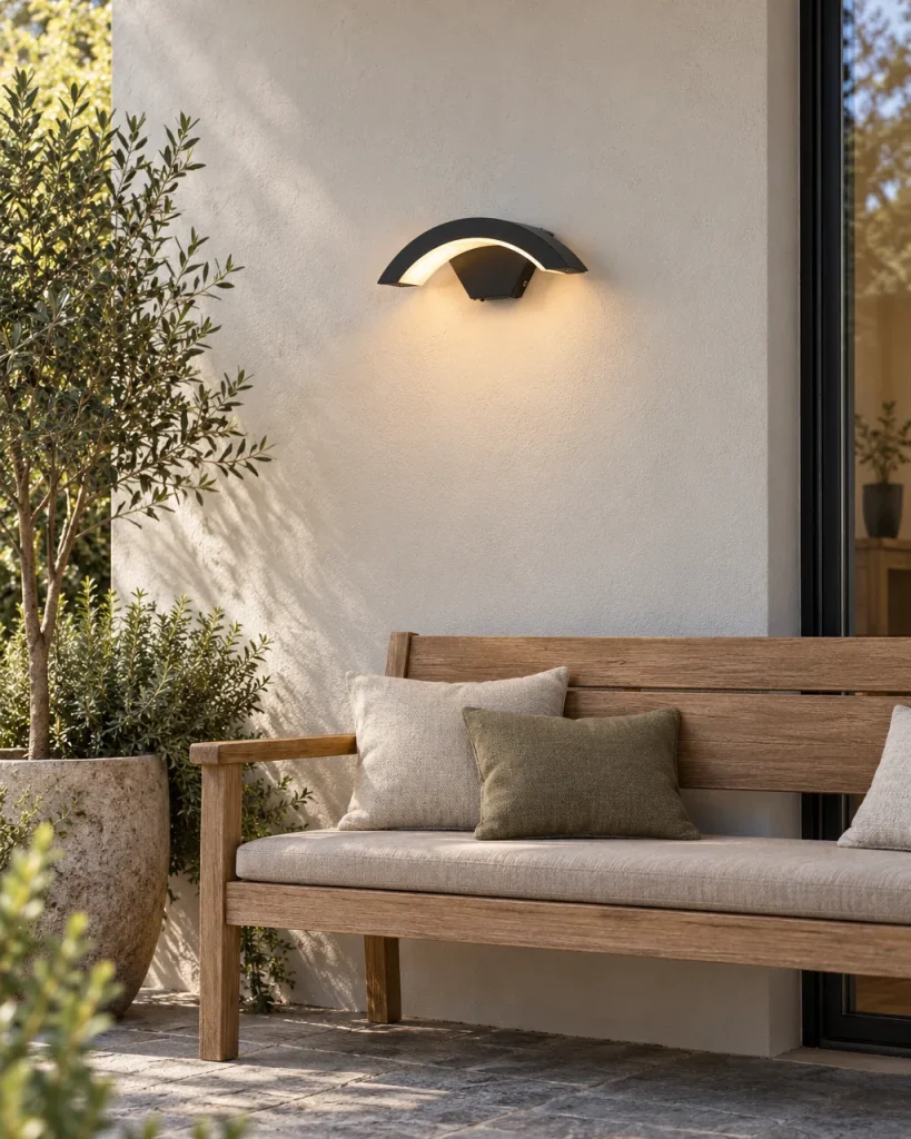 Applique da esterno YALTUI, applique ad arco in alluminio, IP65 – in terrazza sopra una panca in legno, luce diurna
