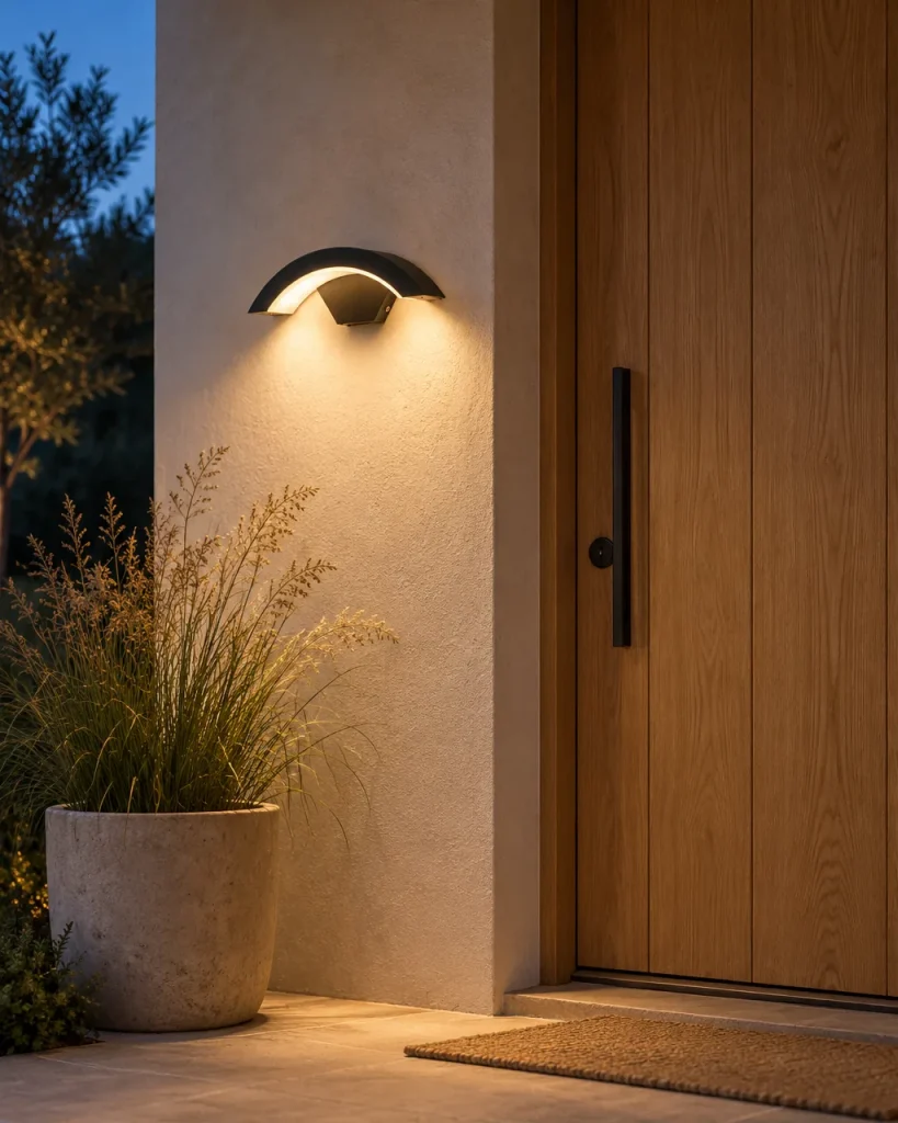 Applique da esterno YALTUI, applique ad arco in alluminio, IP65 – all'ingresso accanto a una porta in legno, luce serale