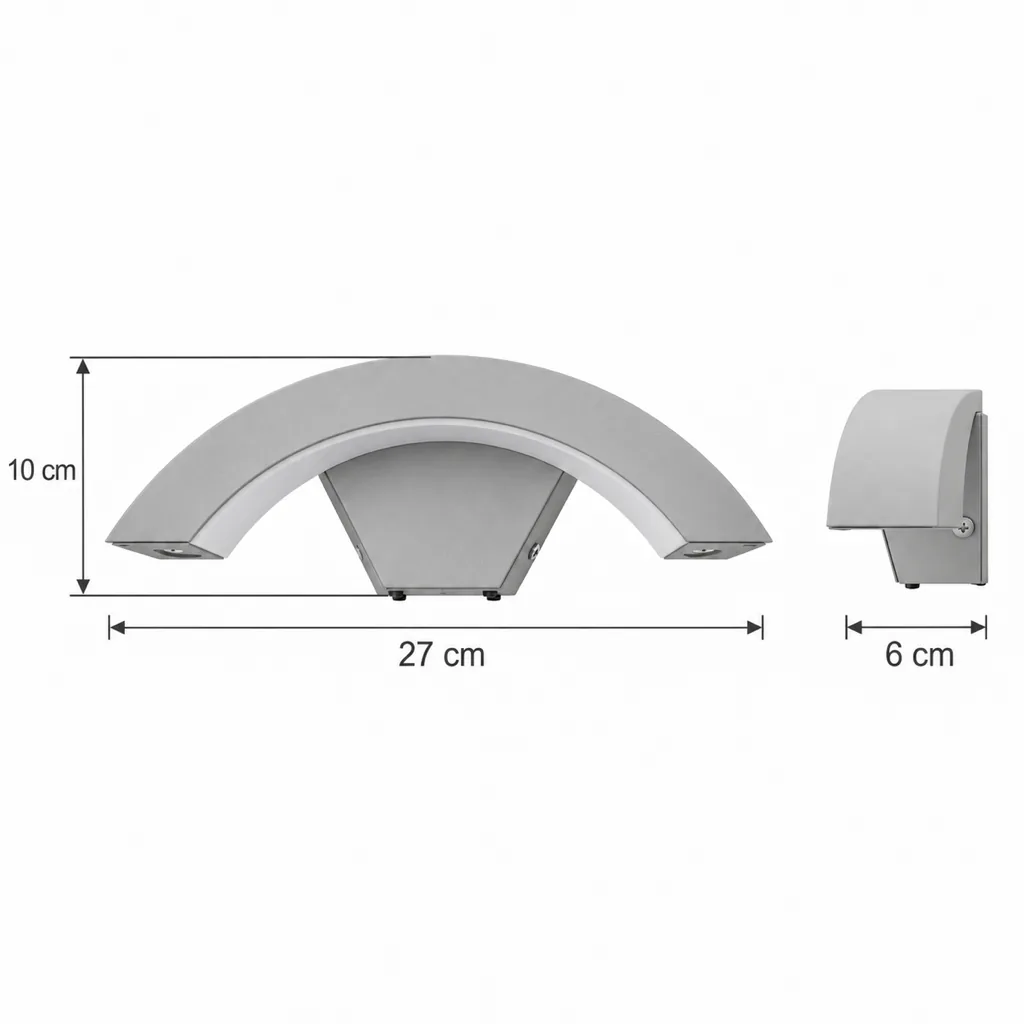 Applique da esterno YALTUI, applique ad arco in alluminio, IP65 – disegno tecnico con misure, 27 x 10 x 6 cm