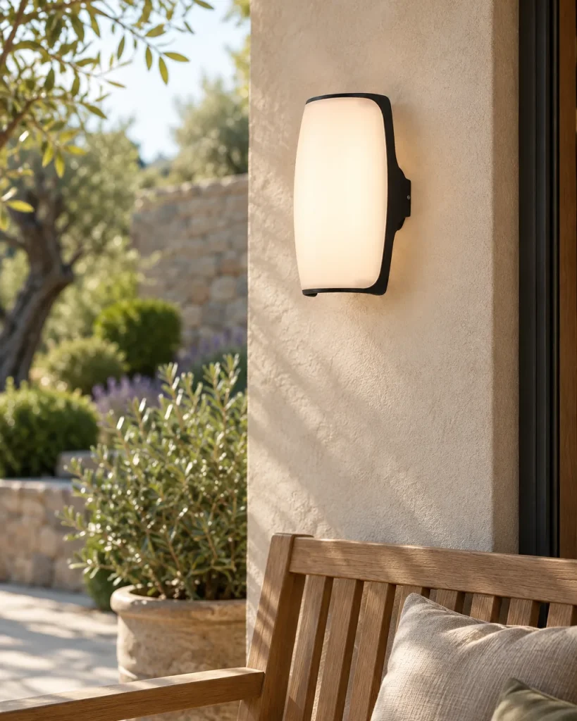 Applique da esterno CRATYA, applique LED bombata, IP65 – sulla terrazza coperta sopra una panca in legno, luce diurna